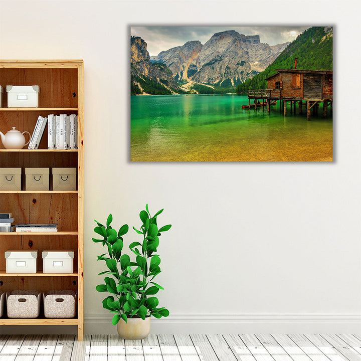 Hut on Braies Lake in Dolomiti Mountains, Sudtirol, Italy - Canvas Print Wall Art