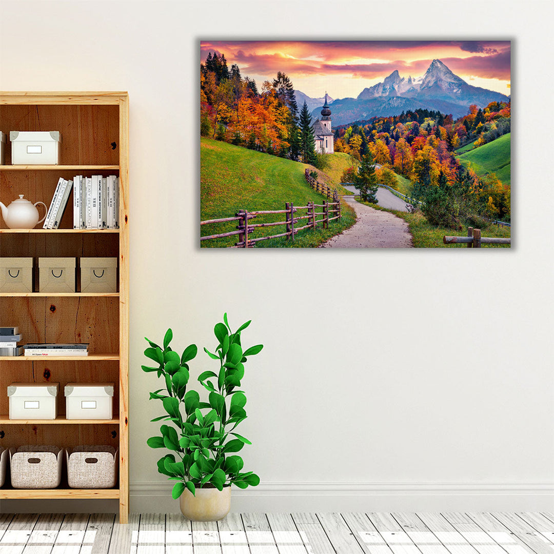 Maria Gern Church in Bavaria, Hochkalter Peak, Evening Landscape - Canvas Print Wall Art