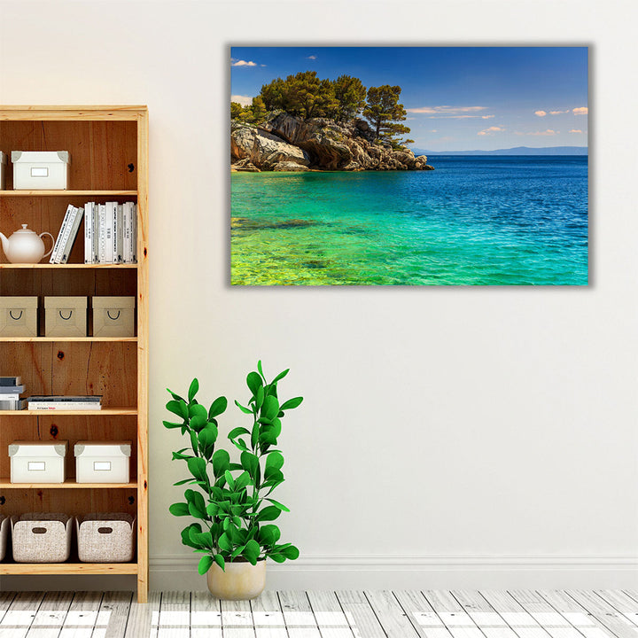 Stunning Landscape With Rocky Island and Clean Water on the Beach - Canvas Print Wall Art