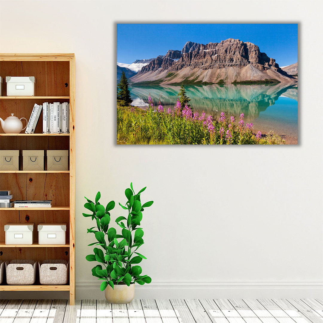 Waputik Range Reflecting on Bow Lake, Banff National Park - Canvas Print Wall Art