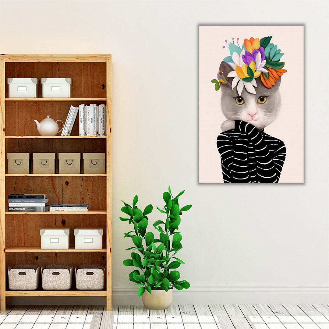 Cat With Flowers And Finch - Canvas Print Wall Art