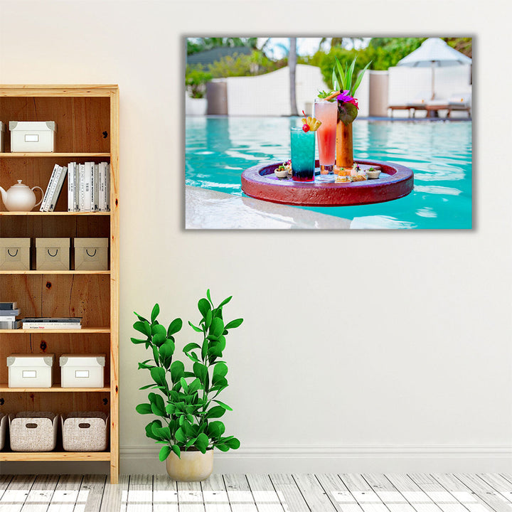 Floating Tray in Swimming Pool With Cocktails and Snacks - Canvas Print Wall Art