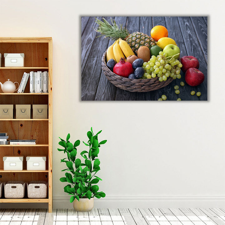 Fresh Fruits Basket On Wooden Table - Canvas Print Wall Art