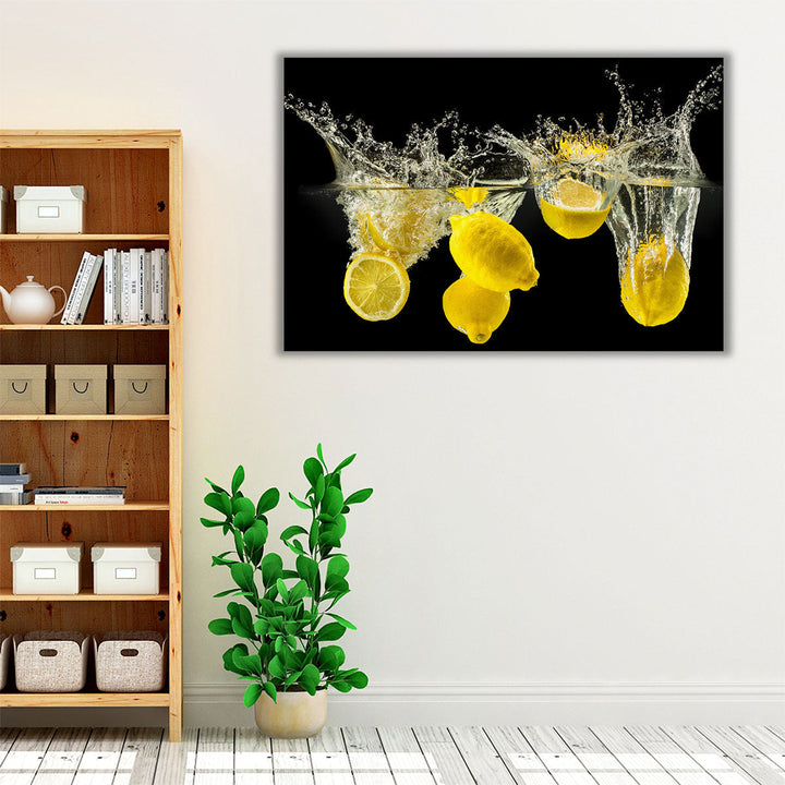 Fresh Lemons Falling in Water - Canvas Print Wall Art