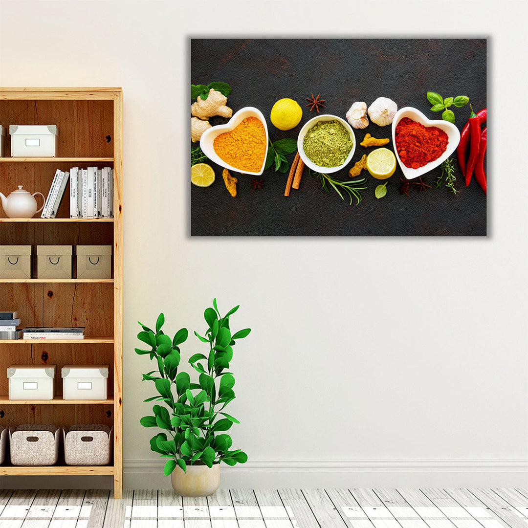 Various Herbs and Spices in Bowls, Kitchen Decor, Restaurant Art - Canvas Print Wall Art