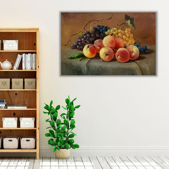 Ripe Juicy Peaches and Grapes on the Table Oil Painting Print - Canvas Print Wall Art