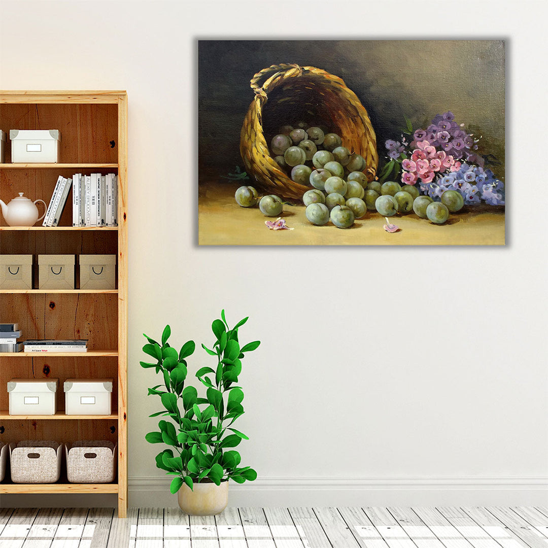 Ripe Juicy Plums in a Basket Oil Painting Print - Canvas Print Wall Art