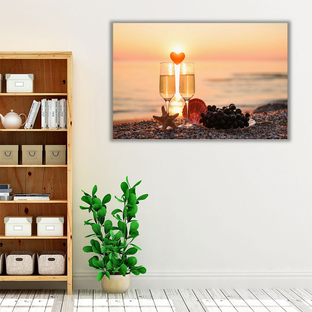 Romantic Atmosphere at Sunset By The Sea, Grapes, Wine and a Heart - Canvas Print Wall Art