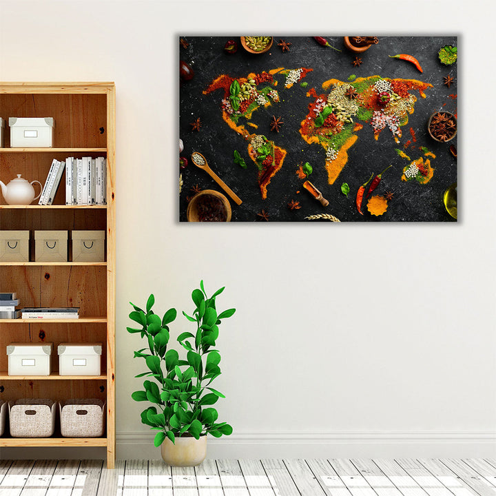 Set of Herbs and Spices as World Map, Kitchen Decor, Restaurant Art - Canvas Print Wall Art