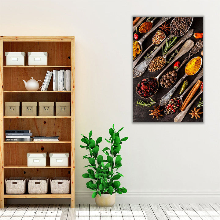 Various Herbs and Spices in Vintage Spoons Kitchen Decor, Restaurant Art - Canvas Print Wall Art