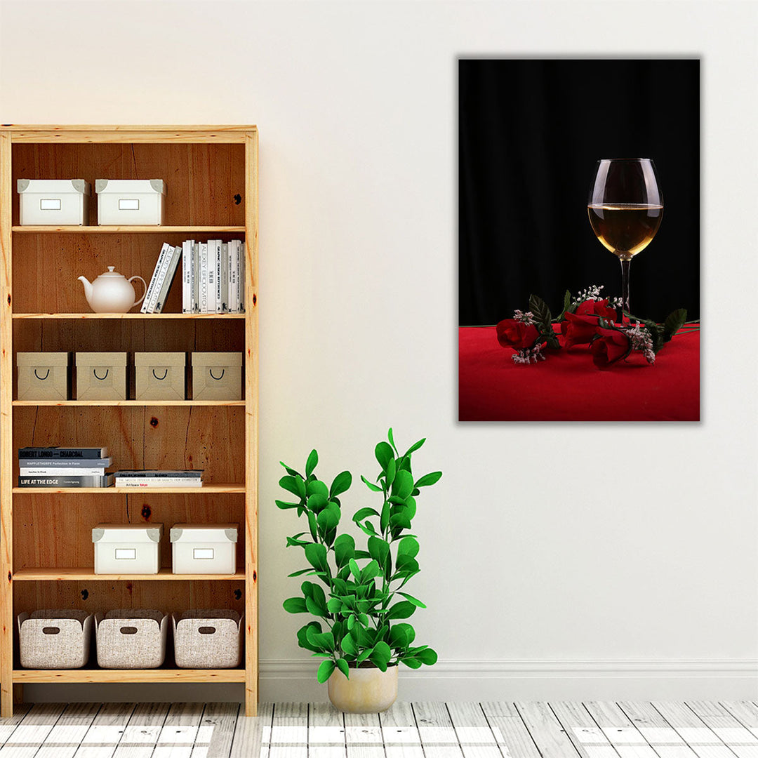 Roses and a Glass Of Wine - Canvas Print Wall Art