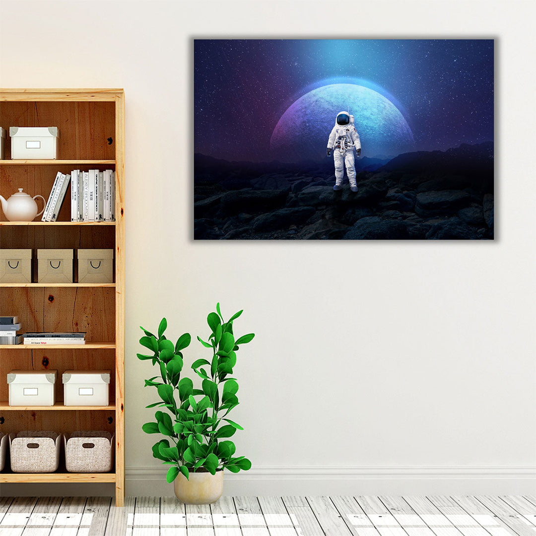 Astronaut On The Rock Surface With Space Background - Canvas Print Wall Art