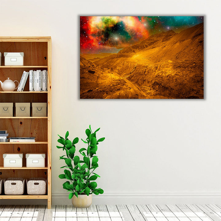 Mountains With Golden Outer Space Background - Canvas Print Wall Art