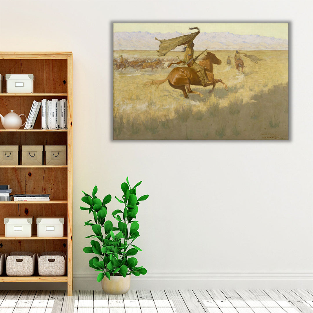 Neutral living room art horse and hills