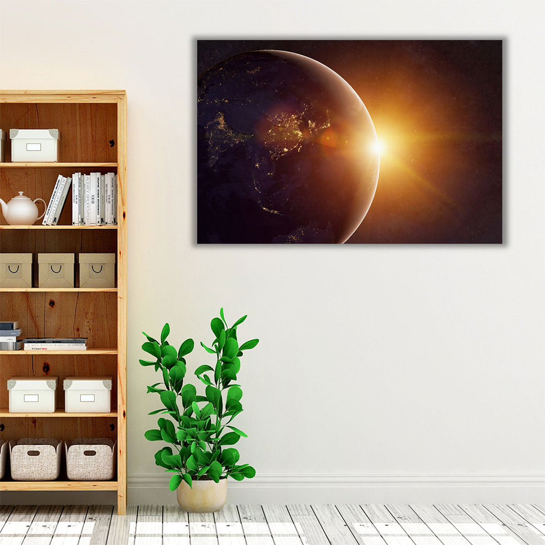 Our Earth in Cosmos and Bright Sun - Canvas Print Wall Art