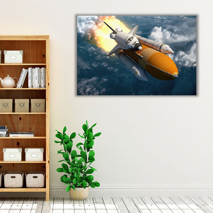 Space Shuttle Flying Over The Clouds - Canvas Print Wall Art