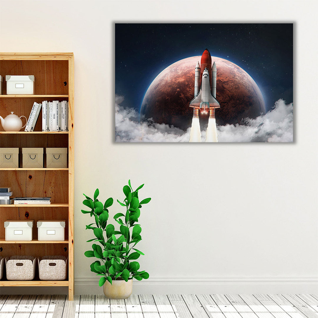 Spaceship in the Outer Space on The Orbit of Mars Planet - Canvas Print Wall Art