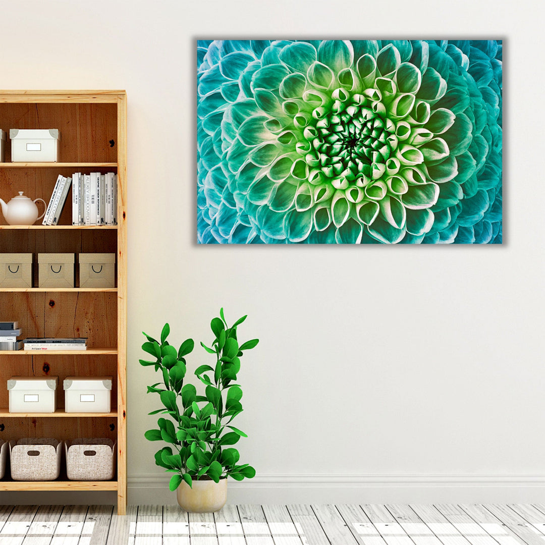 Dahlia Turquoise Green Flower Macro Shot - Canvas Print Wall Art