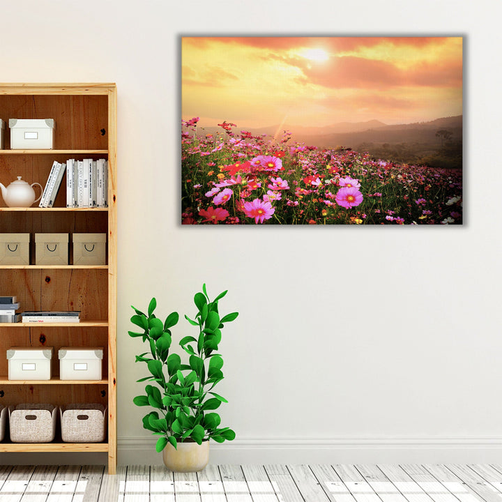 Mountain Landscape with Pink Cosmos Flowers at Sunset - Canvas Print Wall Art