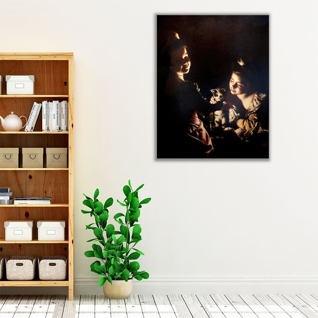Two Girls Dressing a Kitten by Candlelight - Canvas Print Wall Art