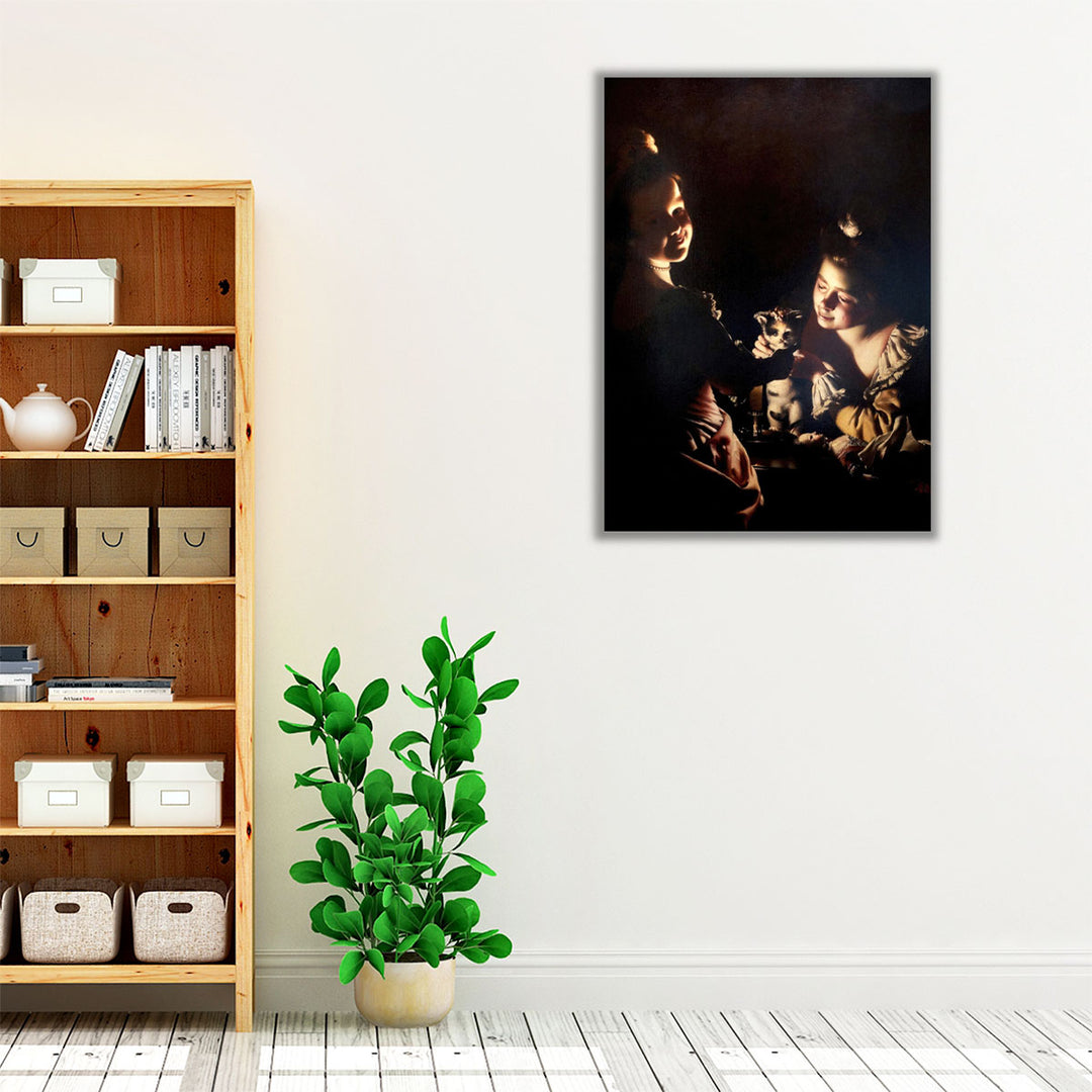 Two Girls Dressing a Kitten by Candlelight - Canvas Print Wall Art