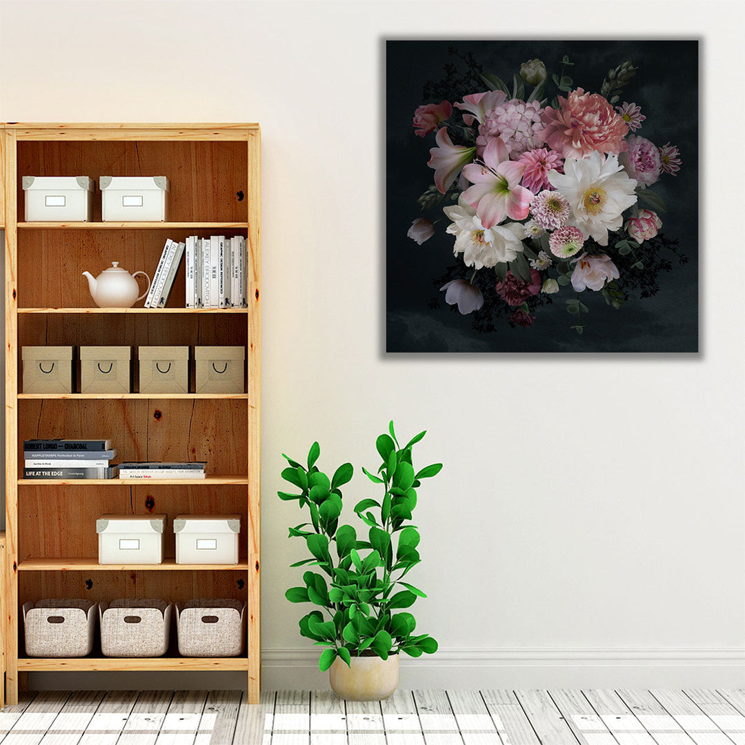 Pink and White Peonies, Roses, Tulips Bouquet On Dark Background - Canvas Print Wall Art