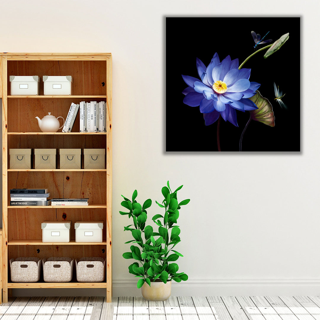 Purple Lotus Flower Close-up With Dradonflies - Canvas Print Wall Art
