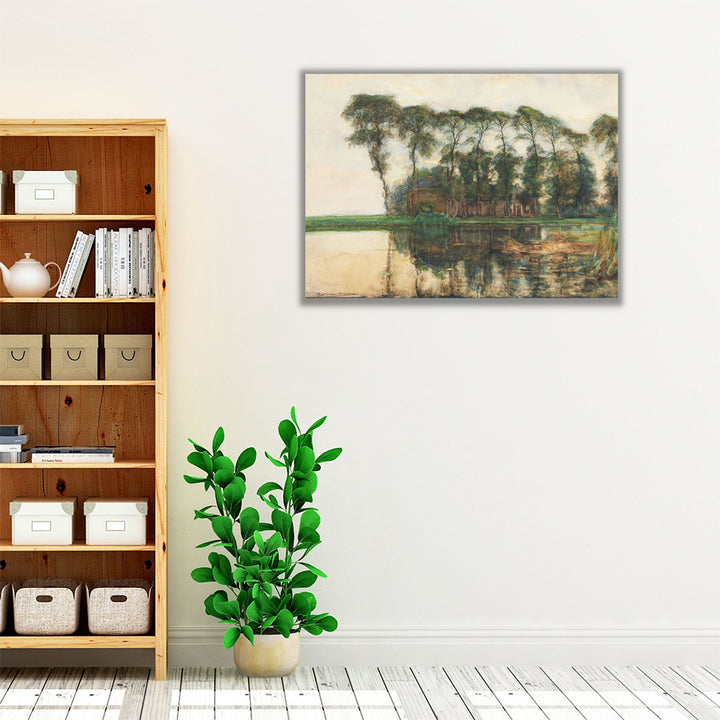 Farmstead along the Water Screened by Nine Tall Trees - Canvas Print Wall Art