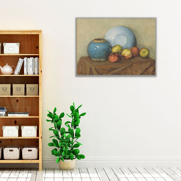 Appels, Ronde Pot en Plaat op een Tafel - Canvas Print Wall Art