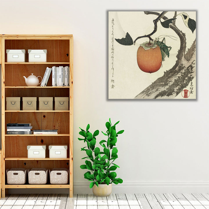 Kakivrucht Met Sprinkhaan - Canvas Print Wall Art