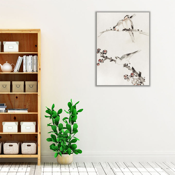 Three Birds Perched on Branches, One with Blossoms - Canvas Print Wall Art